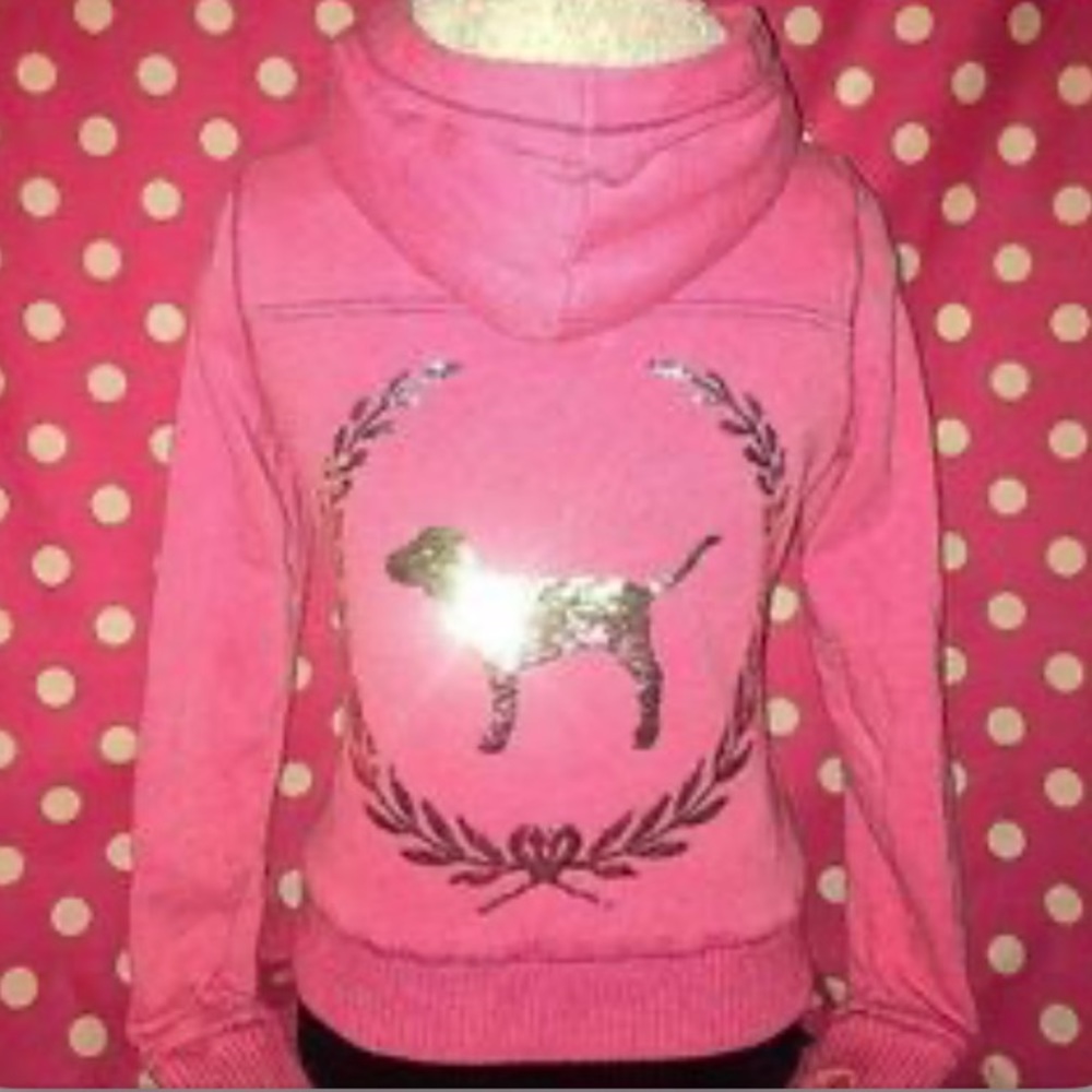 VINTAGE Victoria's Secret SEQUIN BLING Love Pink Bling hoodie Sweater BEDAZZLED